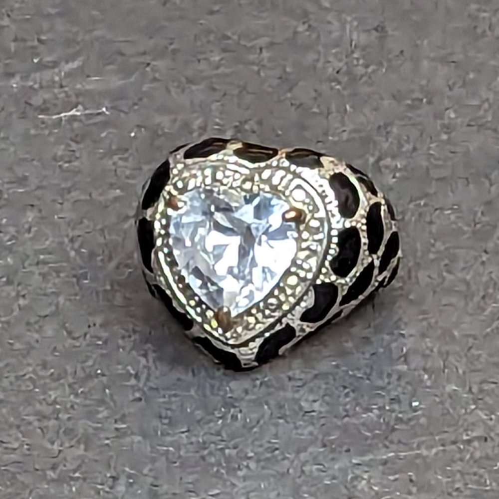 Guess Heart Shaped CZ and Silver Metal w/Black Enamel Animal Print Ring (6)